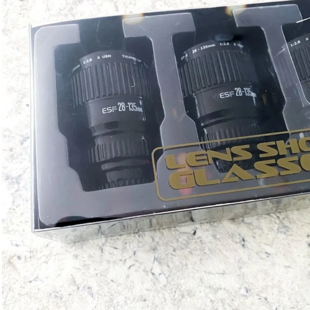 NIB Thumbs Up Camera Lens Shot Glass Set of 3 Home Decor Photographer Gift
